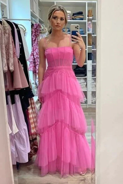 Hot Pink Long Tulle Prom Dresses, Hot Pink Long Tulle Formal Evening Dresses