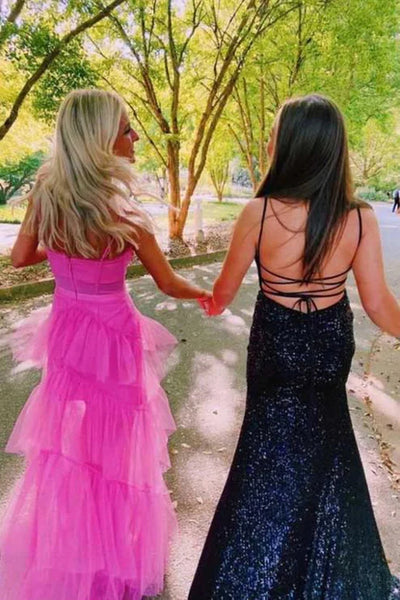 Hot Pink Long Tulle Prom Dresses, Hot Pink Long Tulle Formal Evening Dresses