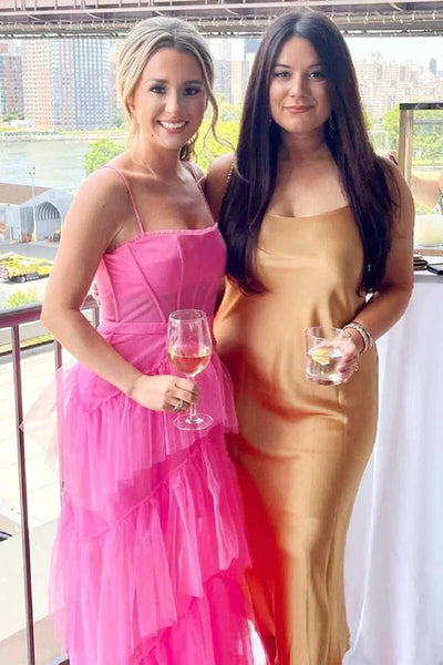 Hot Pink Long Tulle Prom Dresses, Hot Pink Long Tulle Formal Evening Dresses