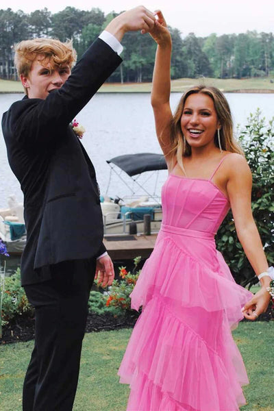 Hot Pink Long Tulle Prom Dresses, Hot Pink Long Tulle Formal Evening Dresses