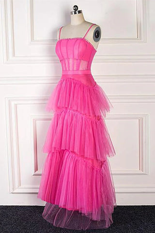 Hot Pink Long Tulle Prom Dresses, Hot Pink Long Tulle Formal Evening Dresses