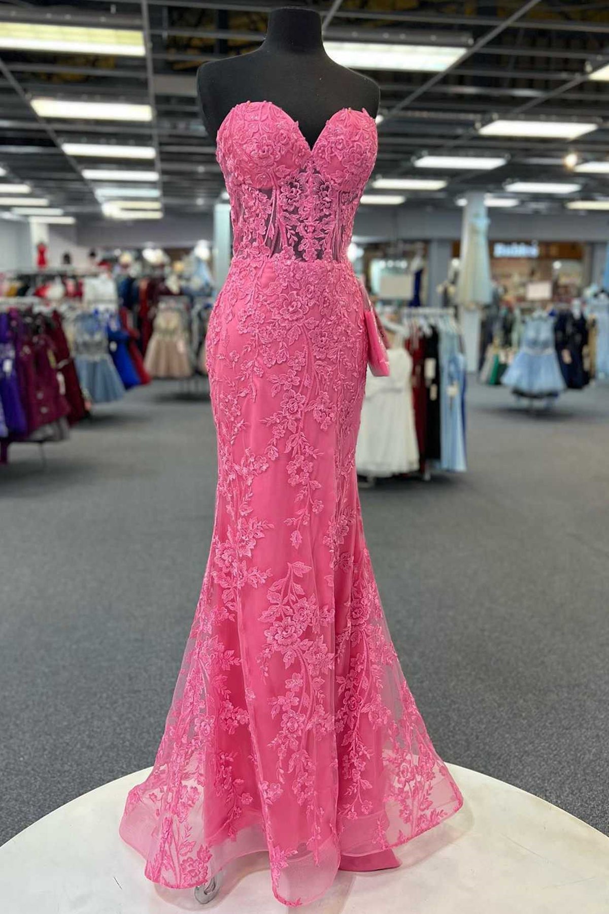 Hot Pink Mermaid Lace Prom Dresses, Hot Pink Mermaid Lace Formal Evening Dresses