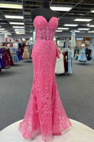 Hot Pink Mermaid Lace Prom Dresses, Hot Pink Mermaid Lace Formal Evening Dresses