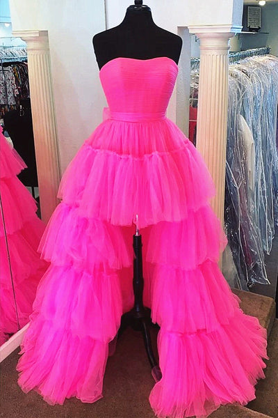Hot Pink Red High Low Prom Dresses, Hot Pink Red High Low Formal Evening Dresses