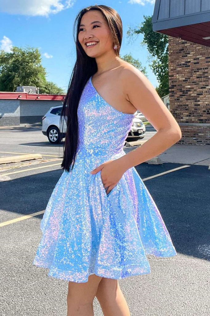 Iridescent Short Blue One Shoulder Prom Dresses, Short Blue One Should Eip Collection Iridescent Short Blue One Shoulder Prom Dresses, Short Blue One Should Eip Collection