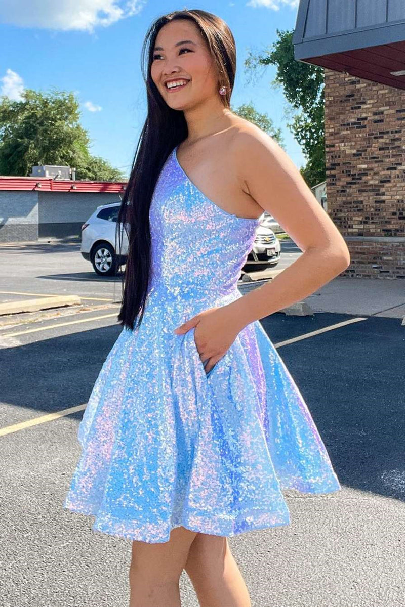 Iridescent Short Blue One Shoulder Prom Dresses, Short Blue One Should ...