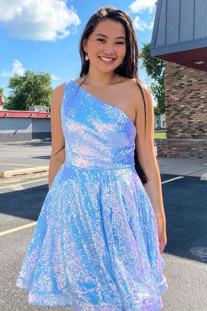 Iridescent Short Blue One Shoulder Prom Dresses, Short Blue One Should Eip Collection Iridescent Short Blue One Shoulder Prom Dresses, Short Blue One Should Eip Collection