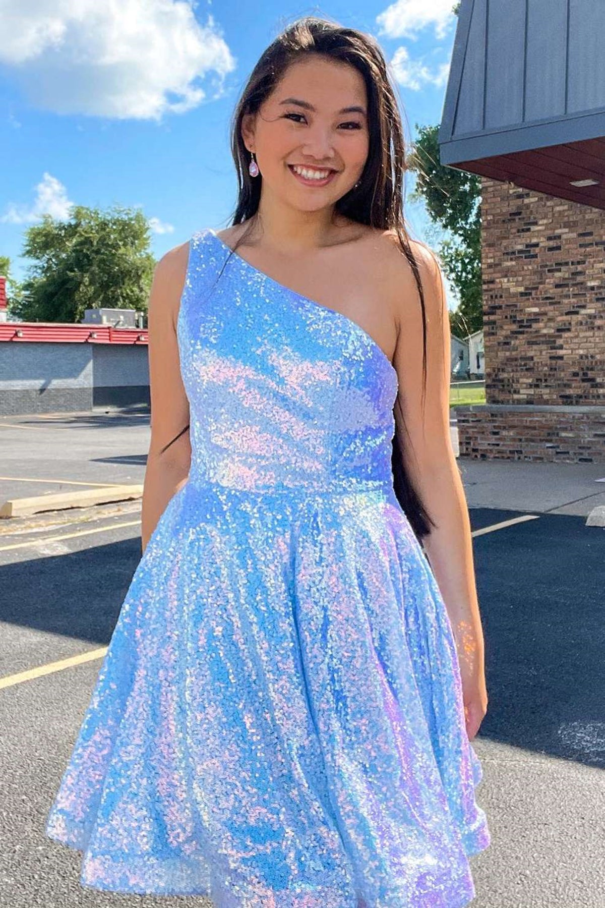 Iridescent Short Blue One Shoulder Prom Dresses, Short Blue One Should Eip Collection Iridescent Short Blue One Shoulder Prom Dresses, Short Blue One Should Eip Collection