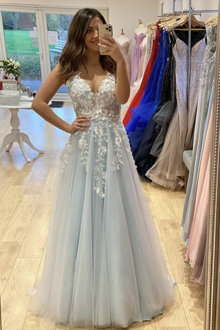 Light Blue Tulle V Neck Lace Floral Long Prom Dress A Line Formal Dress White Lace Appliques Blue Evening Dress