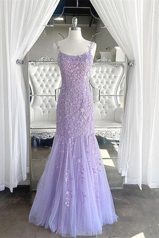 Light Purple Lace Mermaid Prom Dresses, Purple Lace Mermaid Formal Evening Dresses