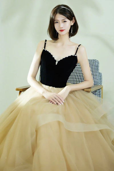 Long Sleeves Black Champagne Long Prom Dresses, Black Champagne Long Evening Dresses