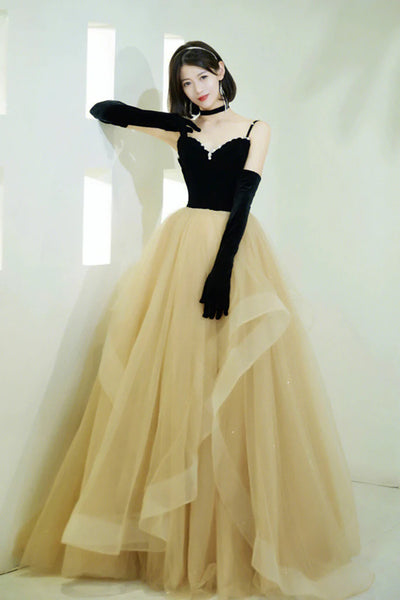 Long Sleeves Black Champagne Long Prom Dresses, Black Champagne Long Evening Dresses