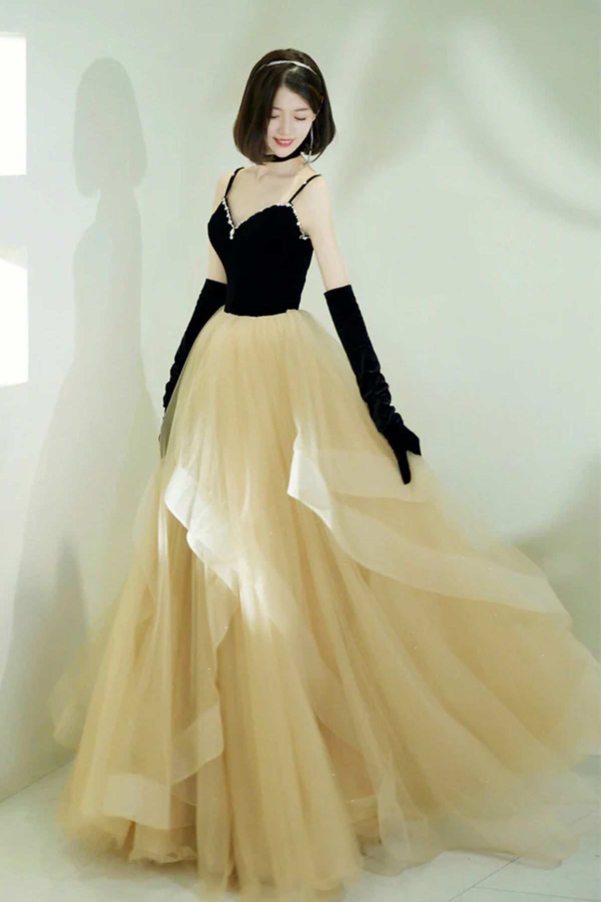 Long Sleeves Black Champagne Long Prom Dresses, Black Champagne Long Evening Dresses