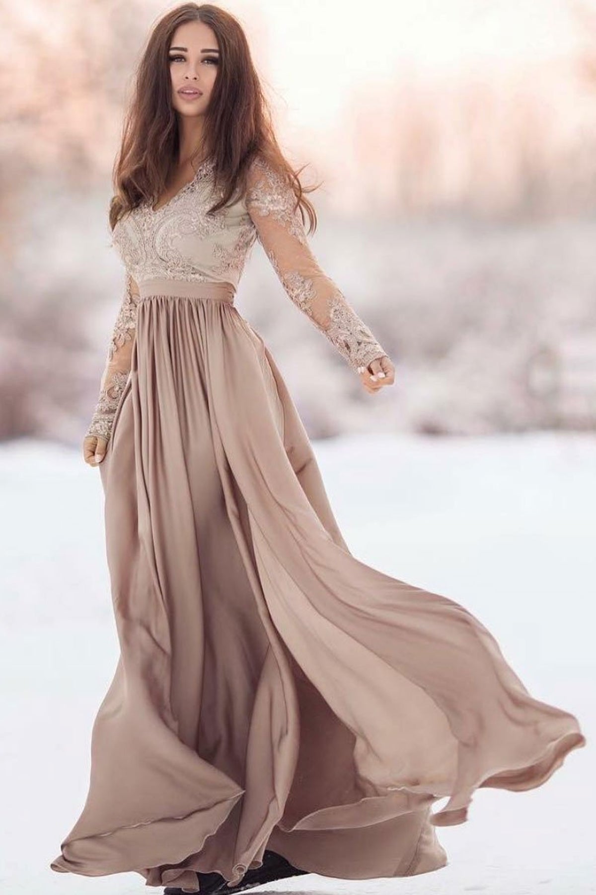 Long Sleeves Champagne Lace Prom Dresses, Long Sleeves Champagne Lace Eip Collection Long Sleeves Champagne Lace Prom Dresses, Long Sleeves Champagne Lace Eip Collection