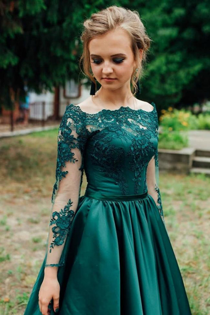 Long Sleeves Emerald Green Lace Long Prom Dresses, Emerald Green Lace