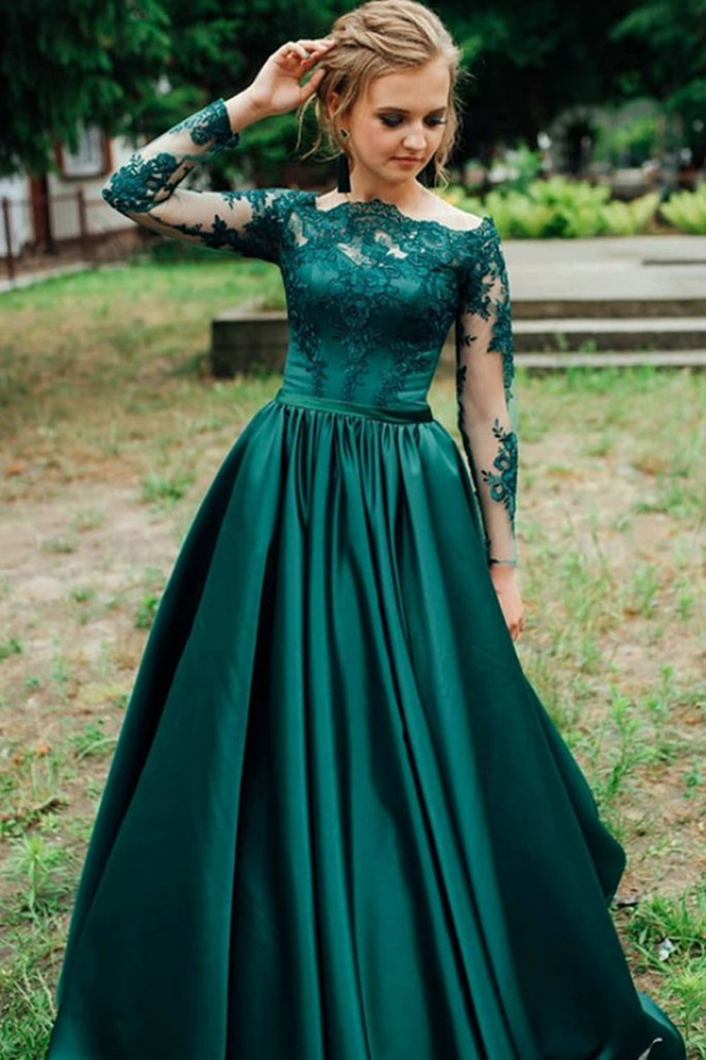 Long Sleeves Emerald Green Lace Long Prom Dresses, Emerald Green