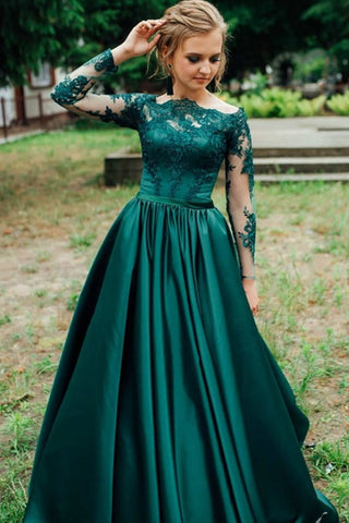 Long Sleeves Emerald Green Lace Long Prom Dresses, Emerald Green Lace Formal Graduation Evening Dresses EP1653
