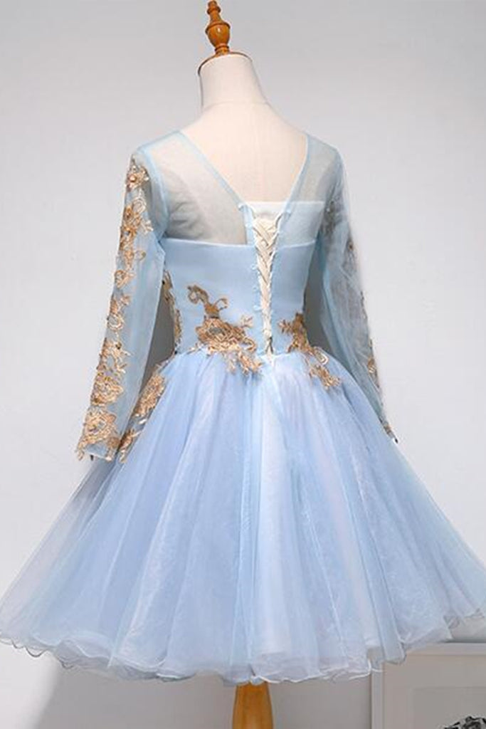 Long Sleeves Light Blue Short Prom Homecoming Dresses with Lace Appliq Eip Collection Long Sleeves Light Blue Short Prom Homecoming Dresses with Lace Appliq Eip Collection
