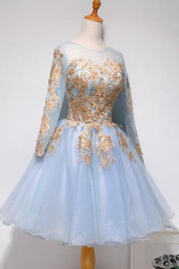 Long Sleeves Light Blue Short Prom Homecoming Dresses with Lace Appliques, Long Sleeves Light Blue Formal Graduation Evening Dresses EP1555