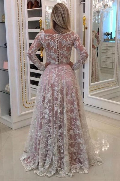 Long Sleeves Pink Lace Long Prom Dresses, Pink Lace Formal Dresses, Pi Eip Collection Long Sleeves Pink Lace Long Prom Dresses, Pink Lace Formal Dresses, Pi Eip Collection