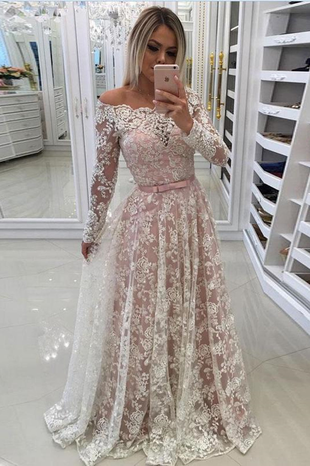 Long Sleeves Pink Lace Long Prom Dresses, Pink Lace Formal Dresses