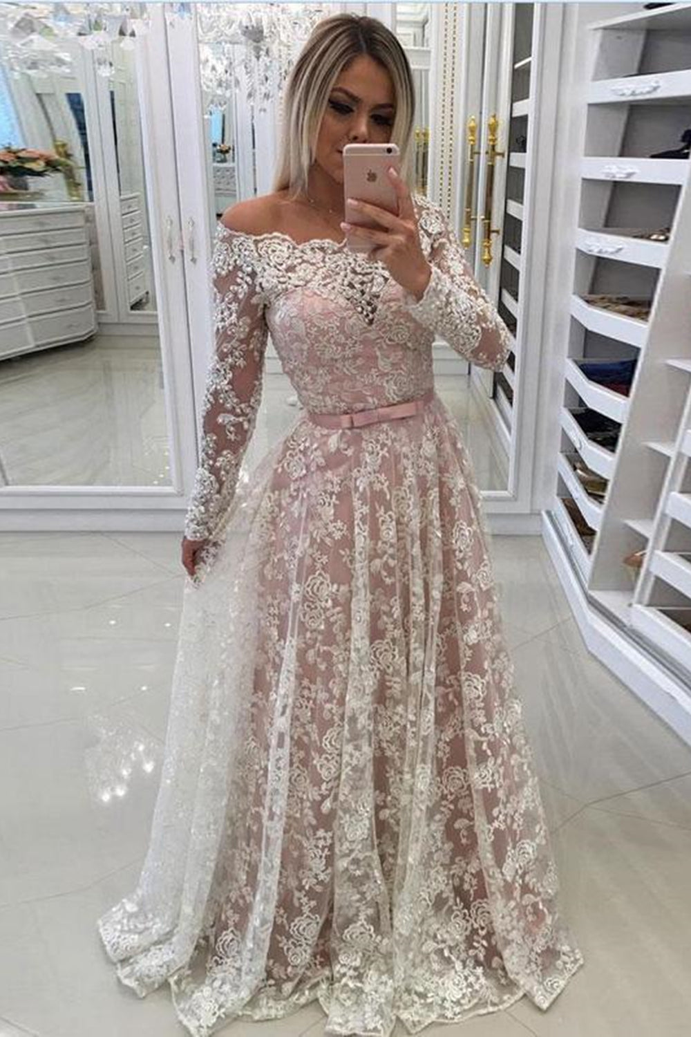 Long Sleeves Pink Lace Long Prom Dresses, Pink Lace Formal Dresses, Pi –  Eip Collection