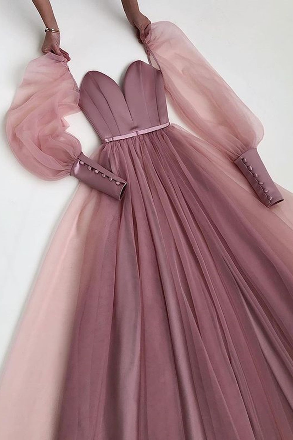 Long Sleeves Sweetheart Neck Pink Long Prom Dress, Long Sleeve Pink Formal Evening Dress
