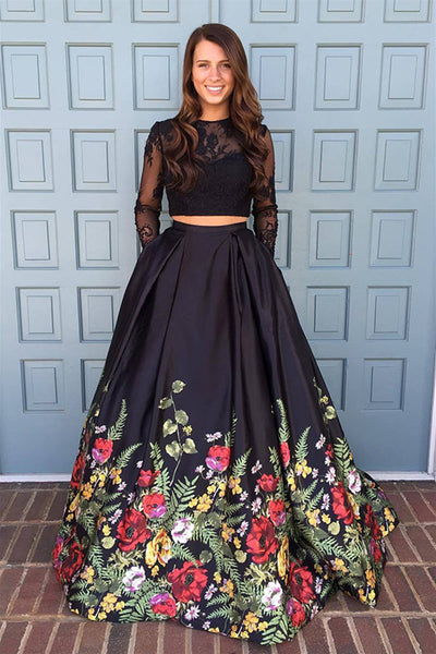 Long Sleeves Two Pieces Black Lace Long Prom Dresses with Appliques, 2 Pieces Black Formal Evening Dresses, Black Ball Gown EP1680