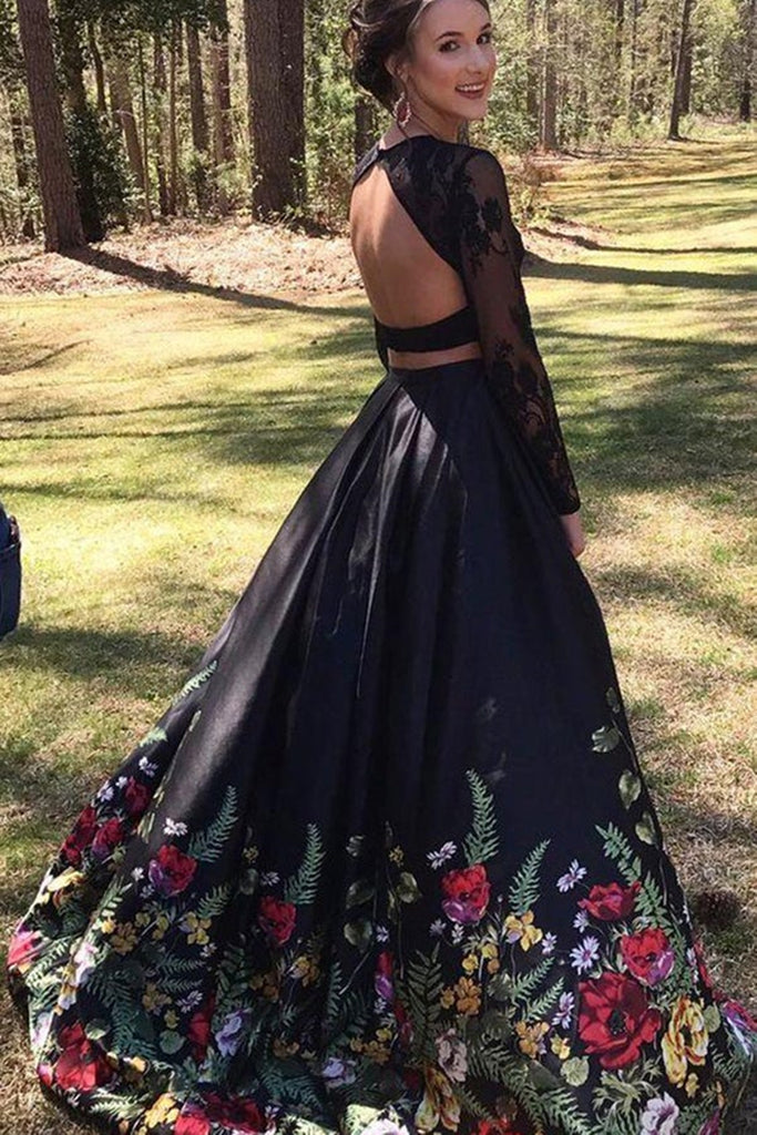 Long Sleeves Two Pieces Black Lace Long Prom Dresses with Appliques, 2 Eip Collection Long Sleeves Two Pieces Black Lace Long Prom Dresses with Appliques, 2 Eip Collection
