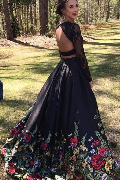 Long Sleeves Two Pieces Black Lace Long Prom Dresses with Appliques, 2 Pieces Black Formal Evening Dresses, Black Ball Gown EP1680