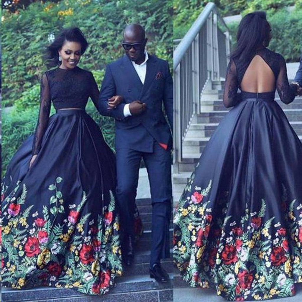 Long Sleeves Two Pieces Black Lace Long Prom Dresses with Appliques, 2 Eip Collection Long Sleeves Two Pieces Black Lace Long Prom Dresses with Appliques, 2 Eip Collection