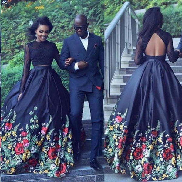 Long Sleeves Two Pieces Black Lace Long Prom Dresses with Appliques, 2 Pieces Black Formal Evening Dresses, Black Ball Gown EP1680