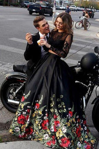 Long Sleeves Two Pieces Black Lace Long Prom Dresses with Appliques, 2 Pieces Black Formal Evening Dresses, Black Ball Gown EP1680