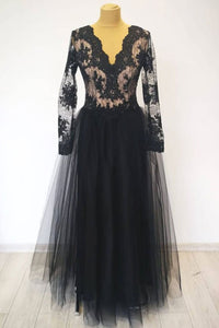 Long Sleeves V Neck Black Lace Long Prom Dresses, Long Sleeves Black Formal Dresses, Black Lace Evening Dresses EP1336