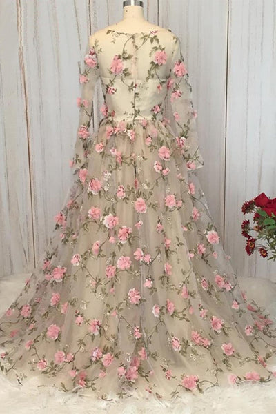Long Sleeves V Neck Floral Long Prom Dresses, Long Sleeves Formal Evening Dresses with 3D Flowers EP1331