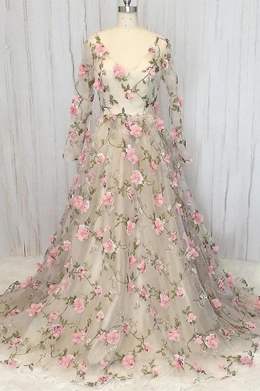 Long Sleeves V Neck Floral Long Prom Dresses, Long Sleeves Formal Even Eip Collection Long Sleeves V Neck Floral Long Prom Dresses, Long Sleeves Formal Even Eip Collection
