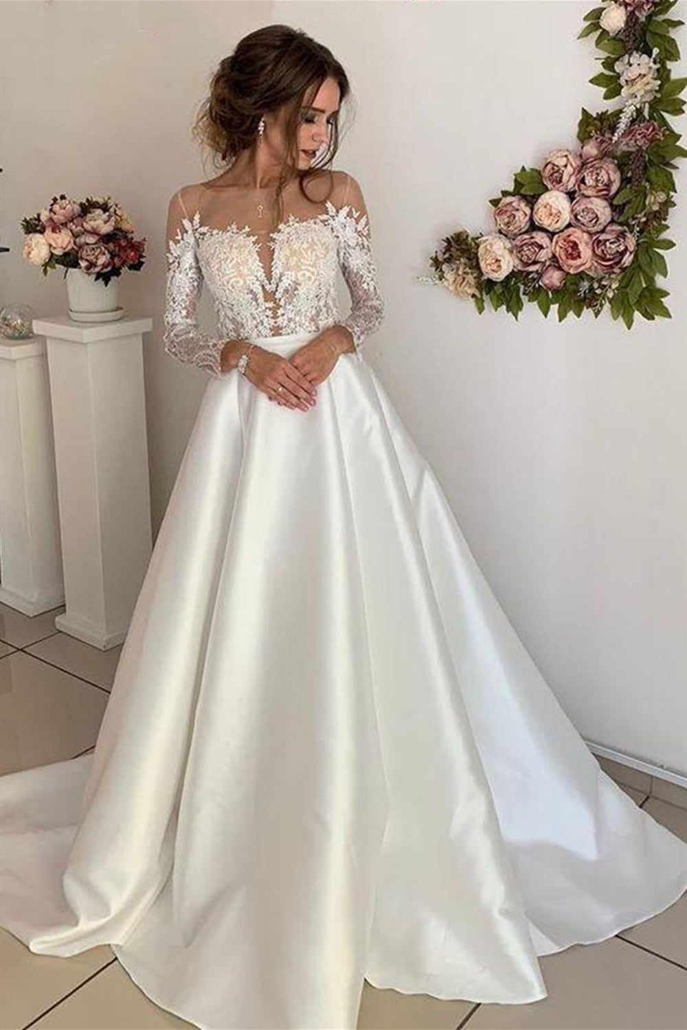 Long Sleeves V Neck Ivory Lace Long Prom Dresses, Long Sleeves Ivory W Eip Collection Long Sleeves V Neck Ivory Lace Long Prom Dresses, Long Sleeves Ivory W Eip Collection