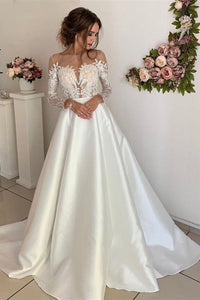 Long Sleeves V Neck Ivory Lace Long Prom Dresses, Long Sleeves Ivory Wedding Dresses, Ivory Lace Formal Evening Dresses EP1505