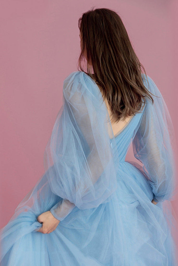 Long Sleeves V Neck Light Blue Tulle Long Prom Dresses, Long Sleeves B Eip Collection Long Sleeves V Neck Light Blue Tulle Long Prom Dresses, Long Sleeves B Eip Collection