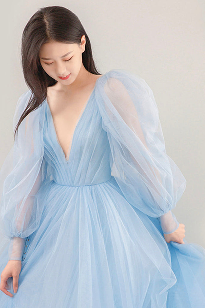 Long Sleeves V Neck Light Blue Tulle Long Prom Dresses, Long Sleeves B Eip Collection Long Sleeves V Neck Light Blue Tulle Long Prom Dresses, Long Sleeves B Eip Collection