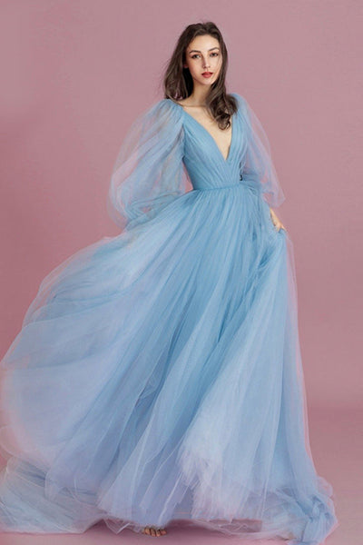 Long Sleeves V Neck Light Blue Tulle Long Prom Dresses, Long Sleeves Blue Formal Graduation Evening Dresses EP1780