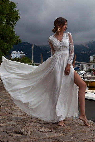Long Sleeves V Neck White Lace Long Prom Dresses, White Lace Formal Graduation Evening Dresses EP1633