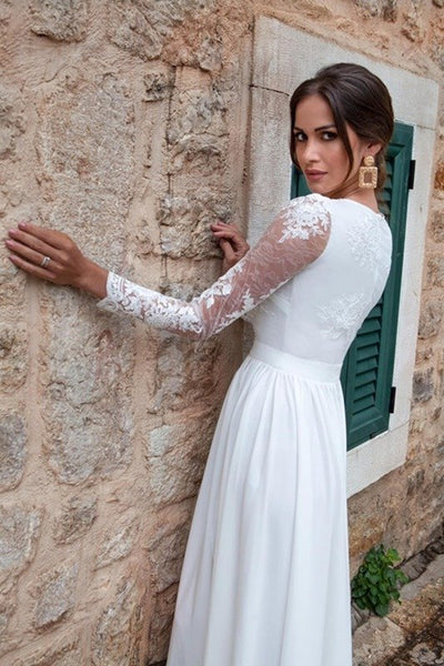 Long Sleeves V Neck White Lace Long Prom Dresses, White Lace Formal Graduation Evening Dresses EP1633