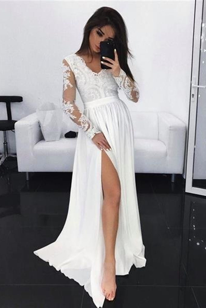 Long Sleeves V Neck White Lace Long Prom Dresses White Lace