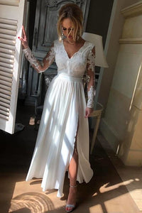 Long Sleeves V Neck White Lace Long Prom Dresses, White Lace Formal Graduation Evening Dresses EP1633