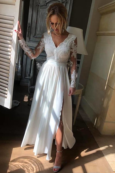 Long Sleeves V Neck White Lace Long Prom Dresses, White Lace Formal Graduation Evening Dresses EP1633