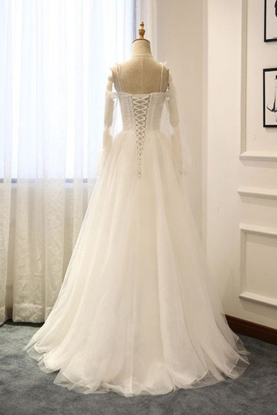 Long Sleeves White Tulle Wedding Dresses, Long Sleeves White Tulle Formal Evening Dresses