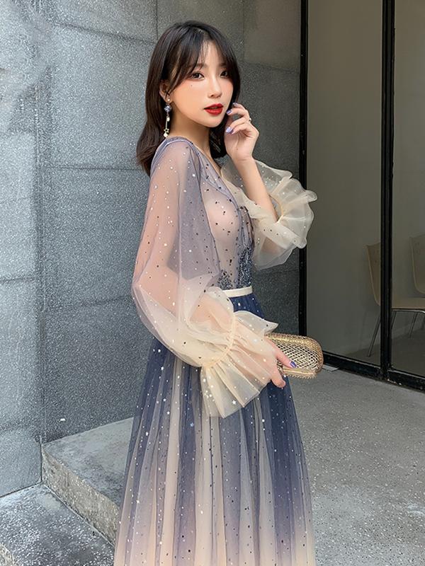 Long Sleeves Blue Ombre Beaded Prom Dresses, Long Sleeves Blue Ombre F Eip Collection Long Sleeves Blue Ombre Beaded Prom Dresses, Long Sleeves Blue Ombre F Eip Collection