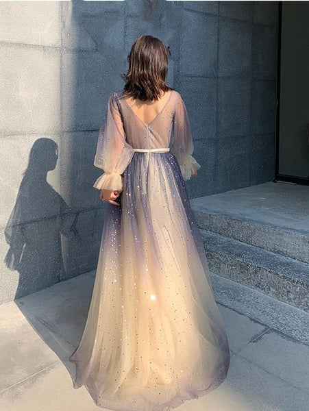 Long Sleeves Blue Ombre Beaded Prom Dresses, Long Sleeves Blue Ombre Formal Evening Dresses