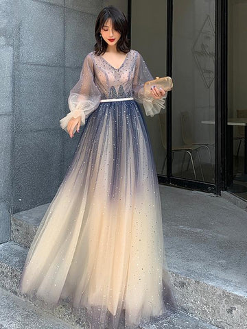 Long Sleeves Blue Ombre Beaded Prom Dresses, Long Sleeves Blue Ombre Formal Evening Dresses